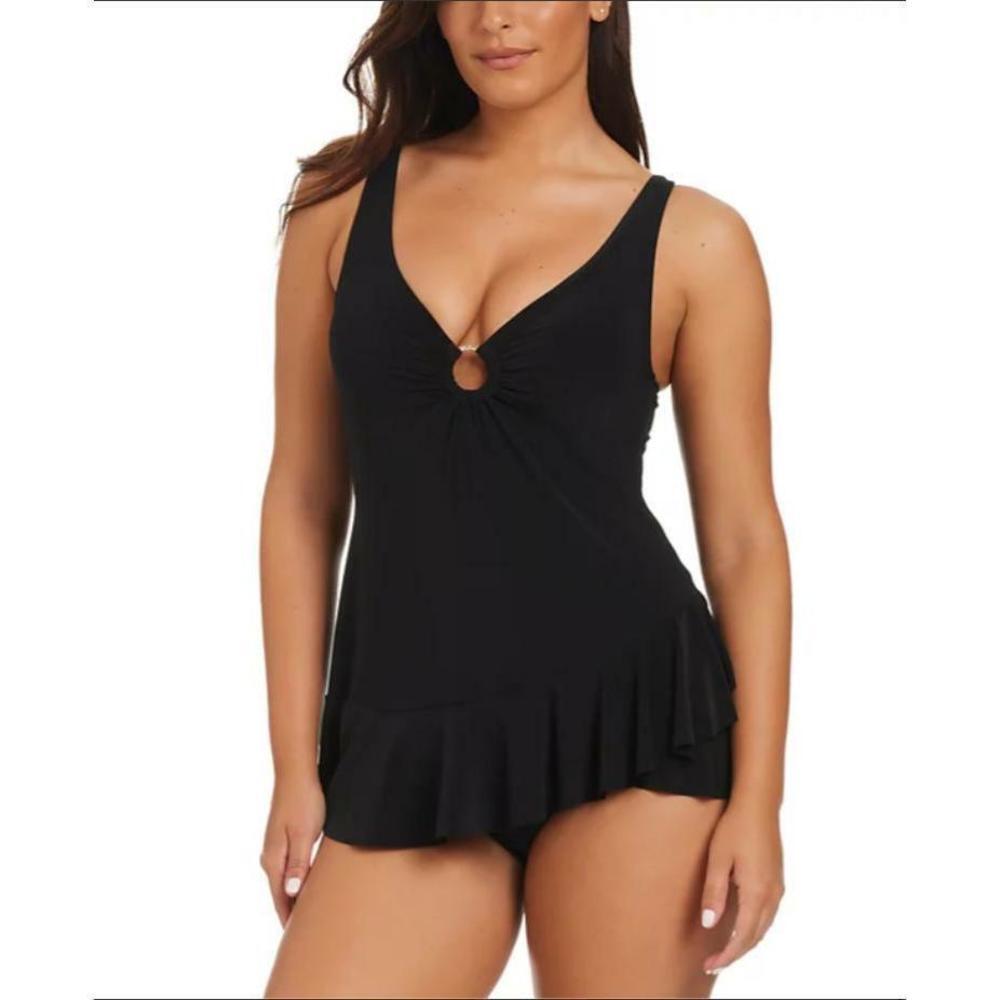 Beyond Control Women's Solid Essentials Black Ruffled Swim Dress 14